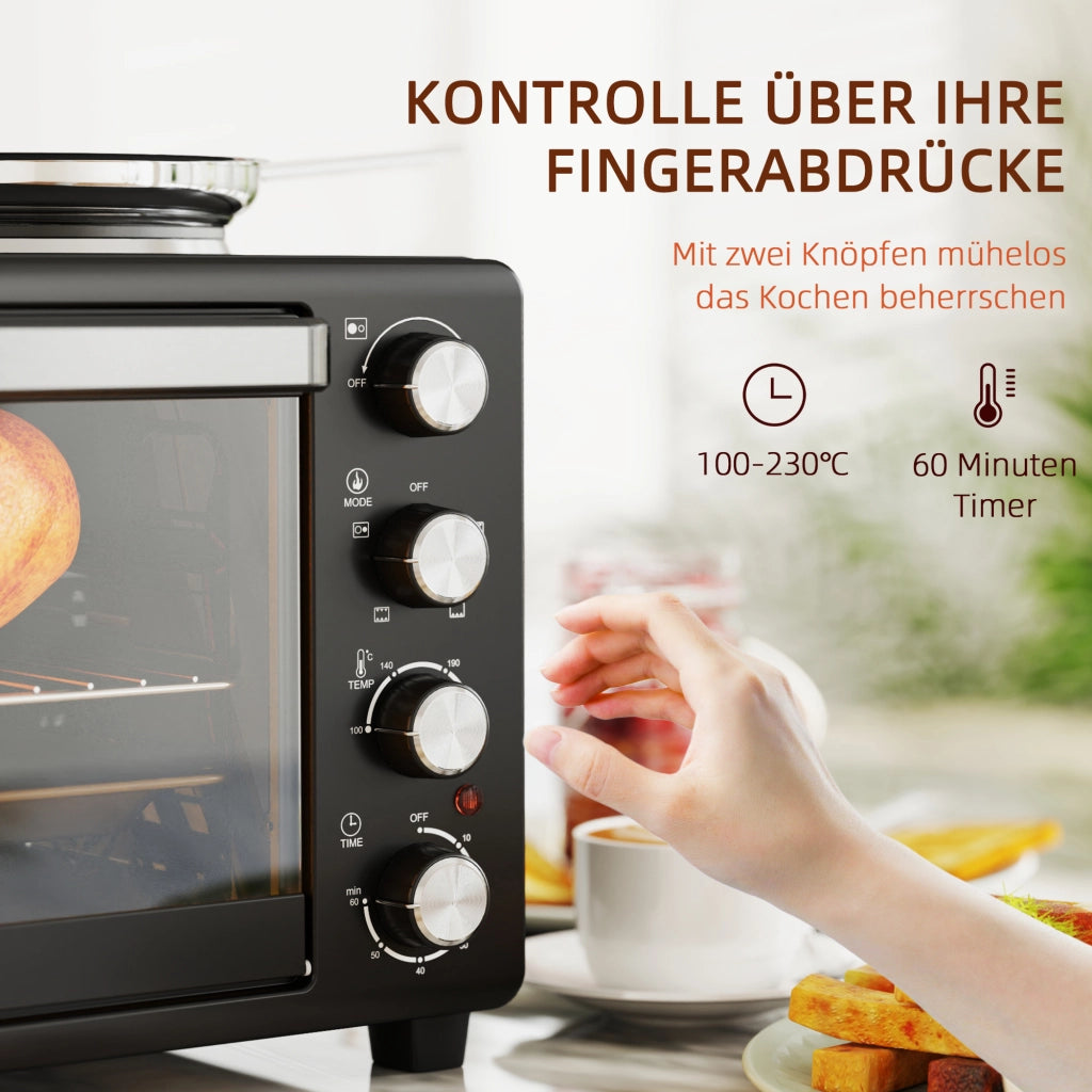 Mini Forno Elettrico 28L 2600W, 100-230°C, Timer 60 Min, con 2 Piastre Riscaldanti, Teglia, Griglia e Vassoio Briciole, Maniglia, Nero