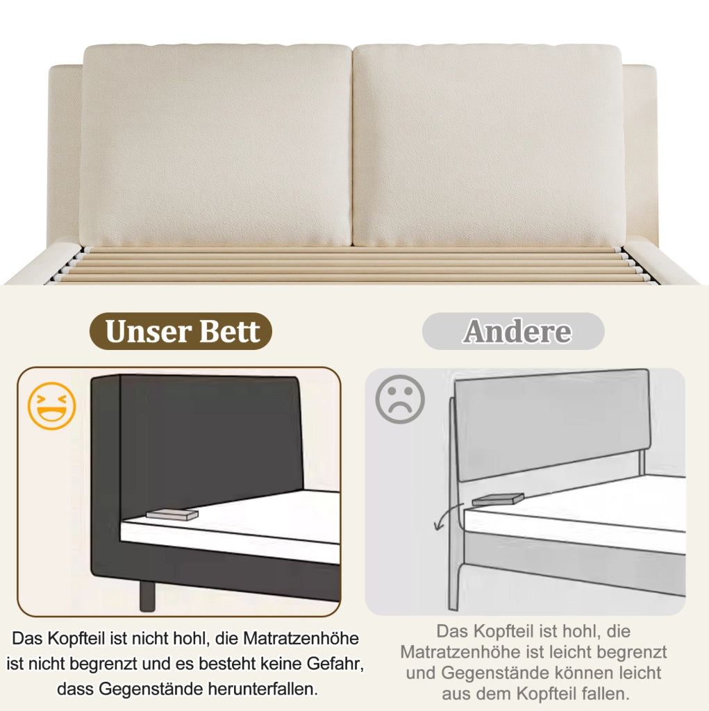 Letto imbottito con vano contenitore e testiera in bouclé beige