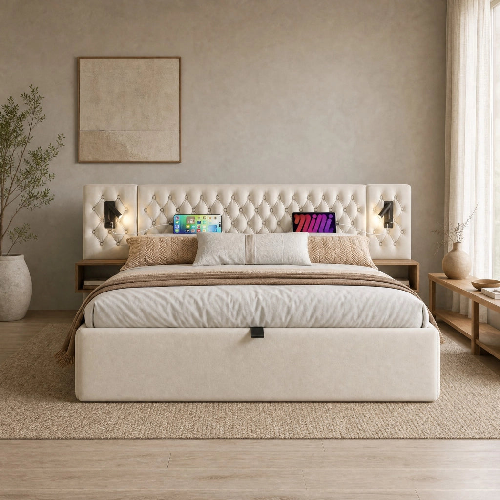 Letto matrimoniale contenitore idraulico 180 × 200 cm con 2 comodini; luci USB/Type-C; velluto beige