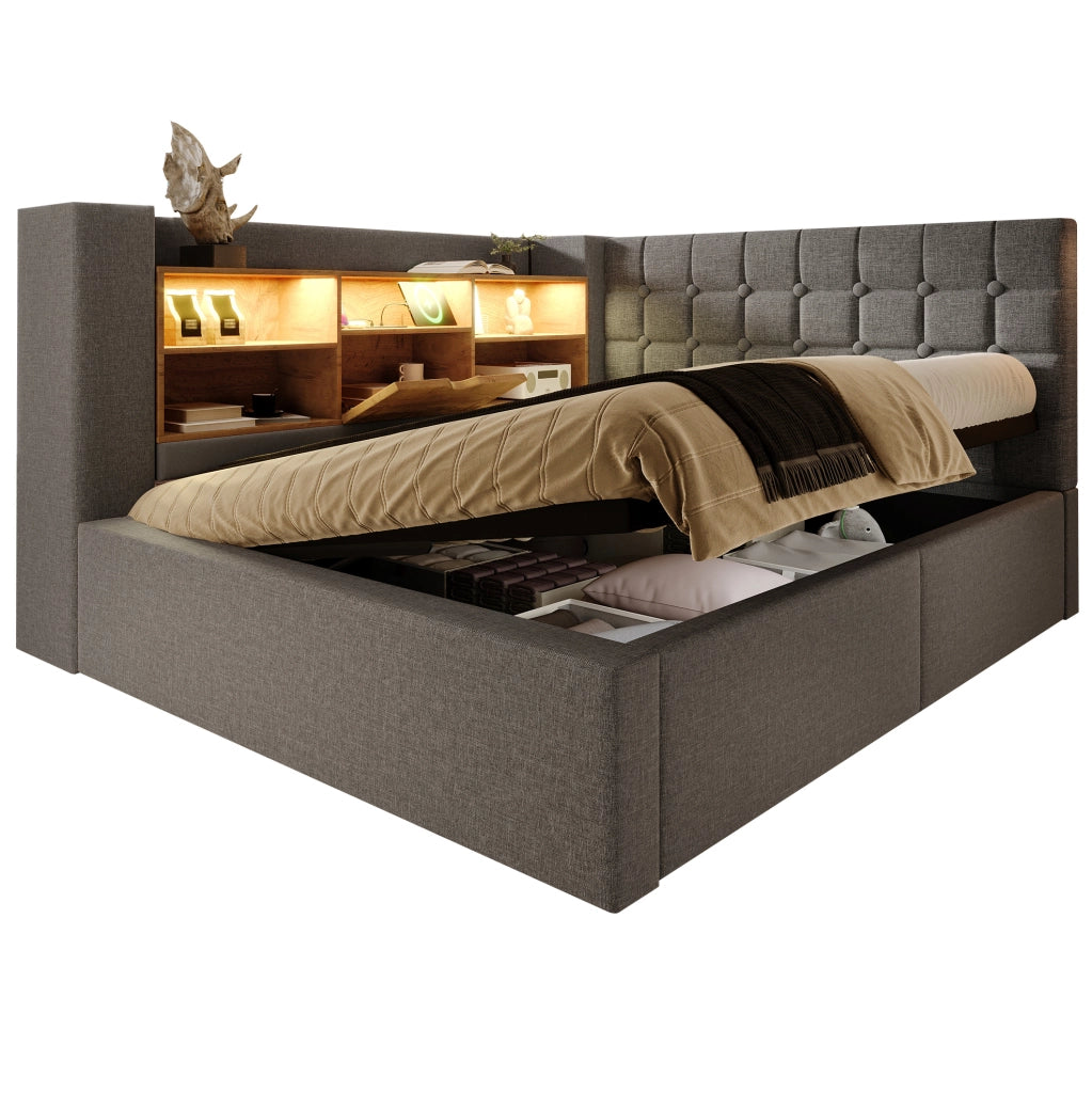 Letto con contenitore idraulico e LED; per materasso 140 × 190 cm; lino grigio