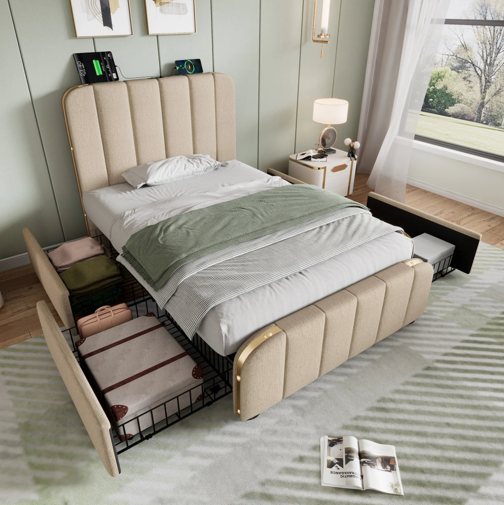 Letto singolo imbottito beige 90×200 cm con USB/Type-C e 4 cassetti