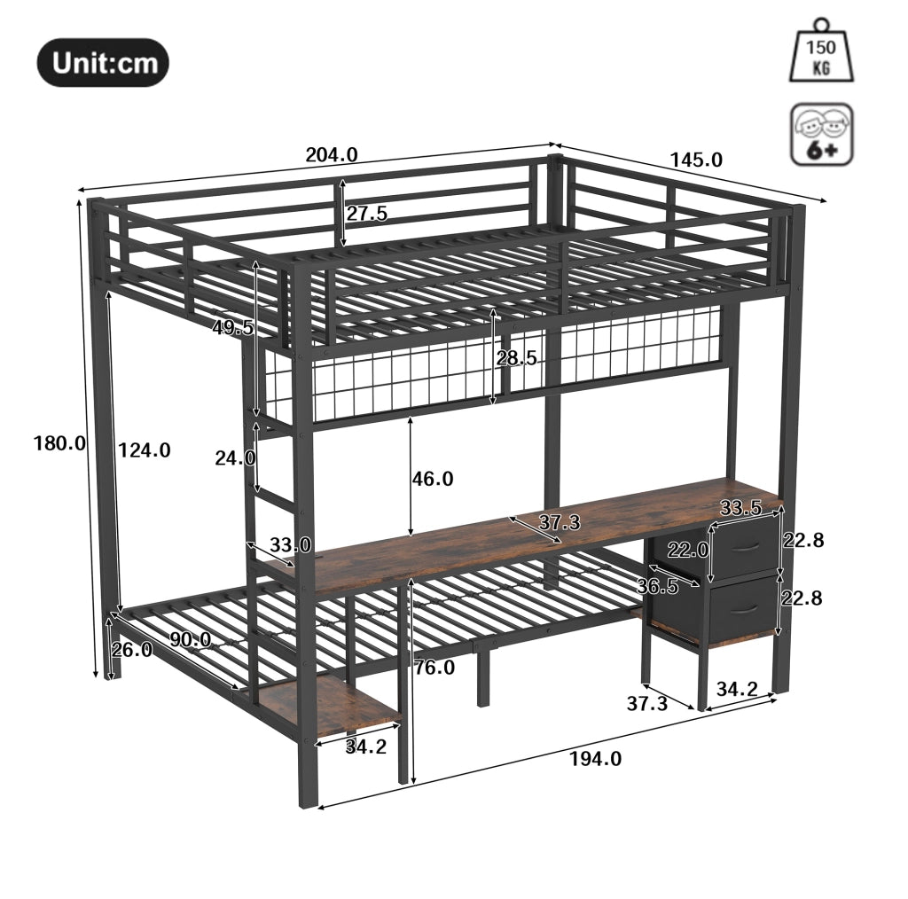 Letto a soppalco 140x200 cm con scrivania, LED e USB in metallo nero