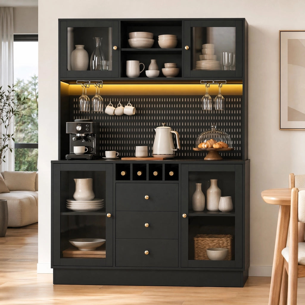 Colonna cucina con LED smart, portabottiglie e vetro, nera