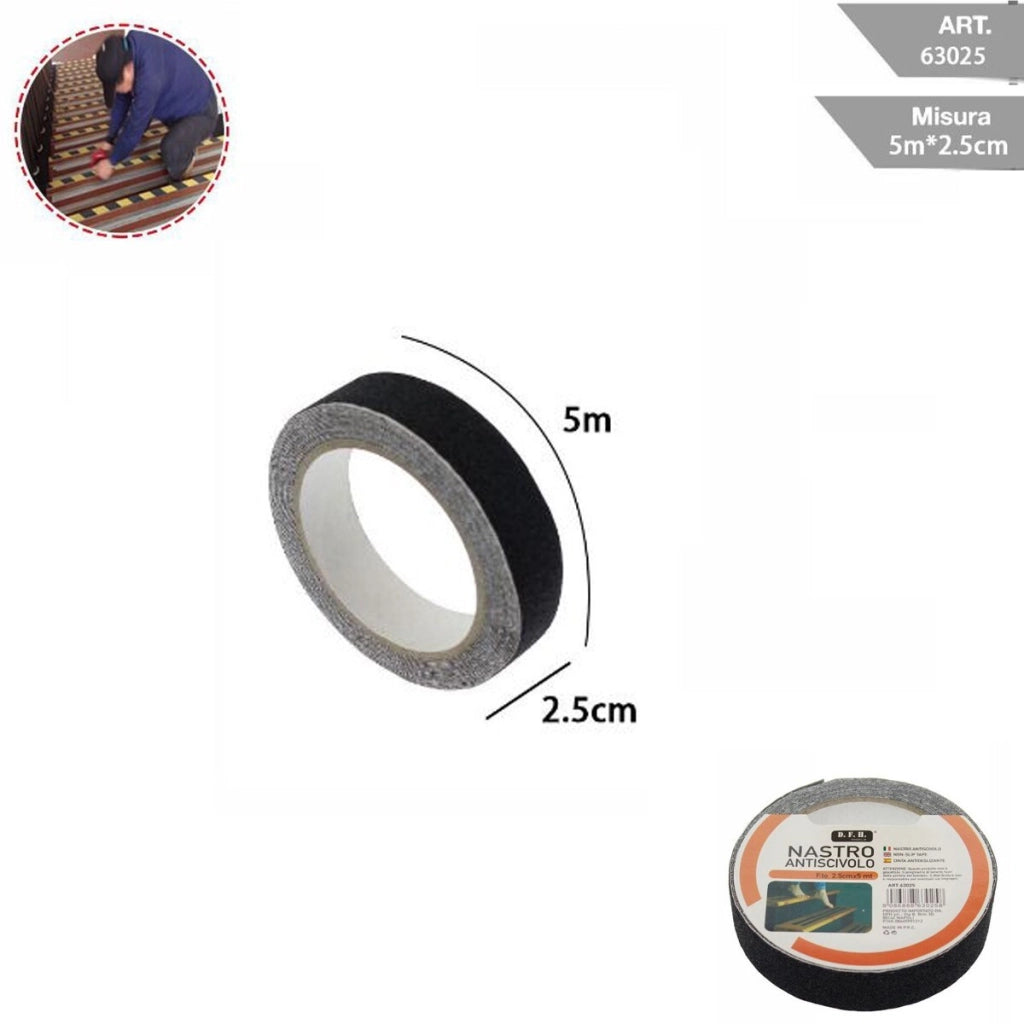 NASTRO ANTISCIVOLO ADESIVO 5MT 2.5MMM NERO SCALE PAVIMENTI SUPERFICI SCIVOLOSE