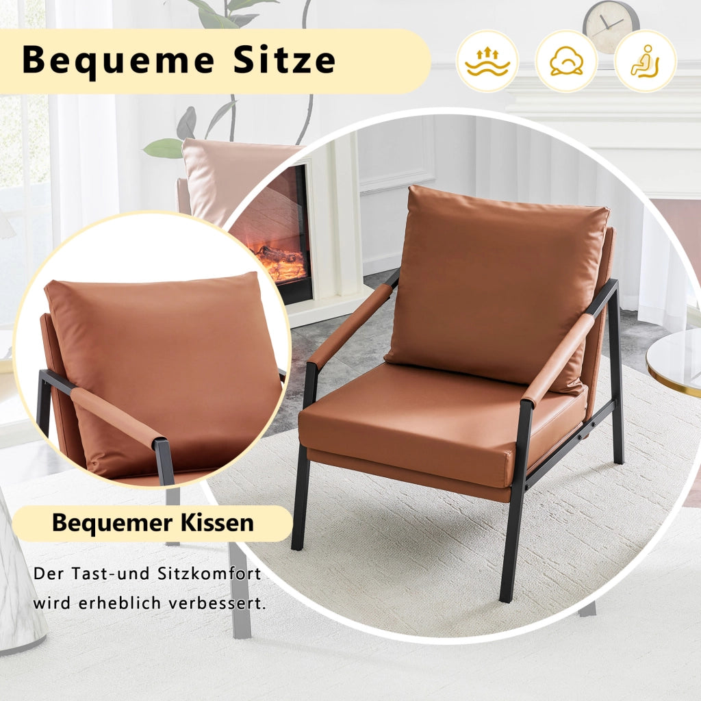 Poltrona lounge in similpelle marrone con struttura in metallo