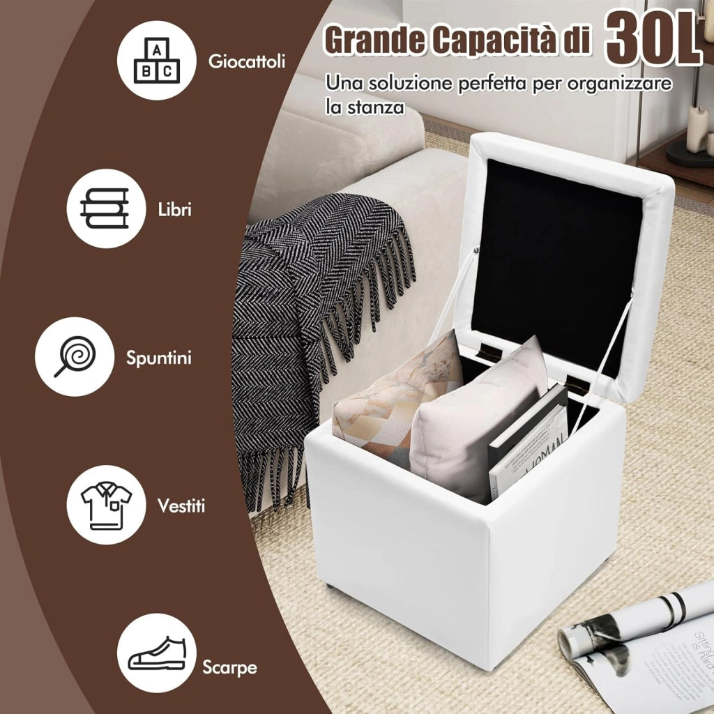 Pouf Contenitore Quadrato in Ecopelle, Pouf Cubo Poggiapiedi Carico Max. 300 kg, 40 x 40 x 40 cm (Bianco)