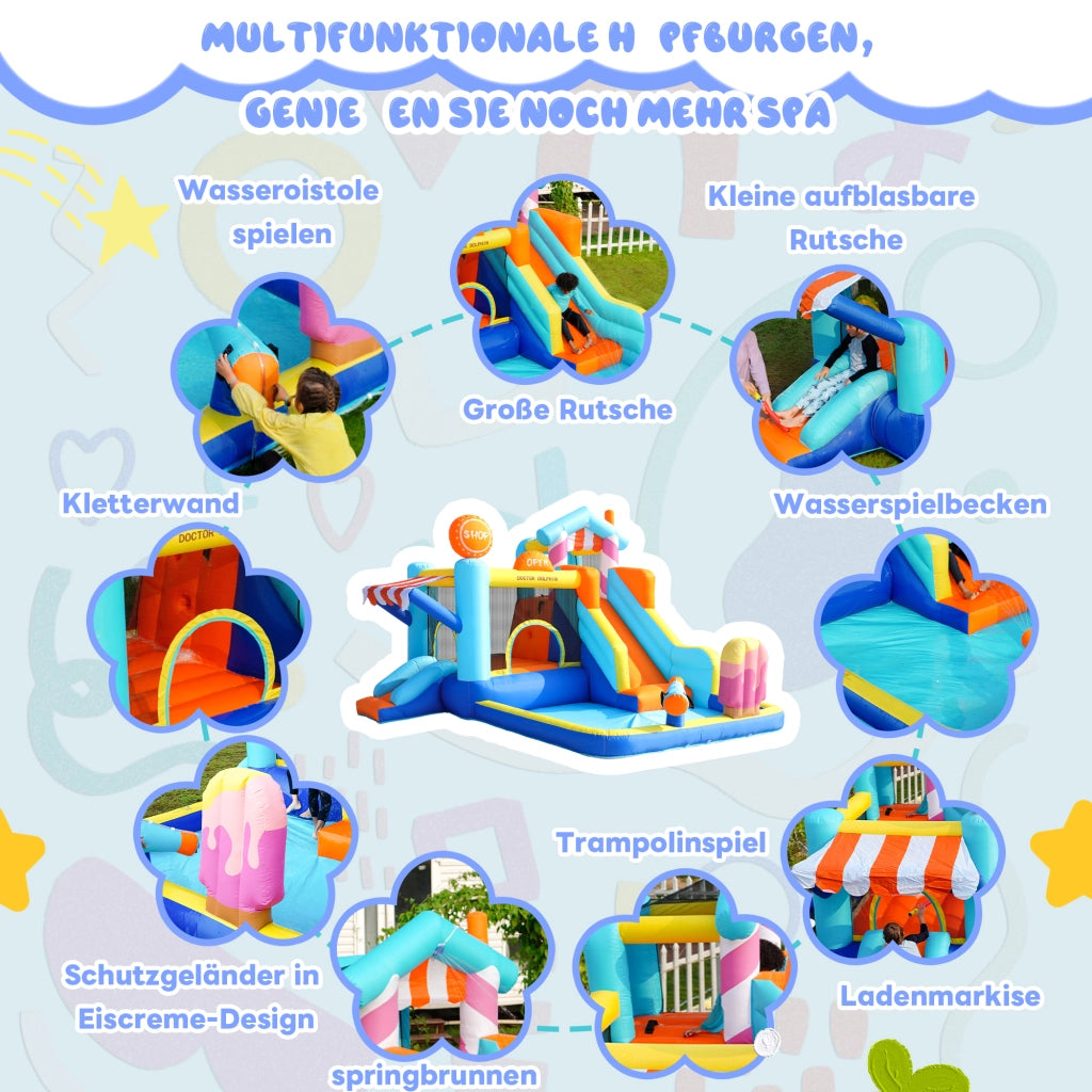 Castello Gonfiabile per Bambini con Ventilatore 450W, Parco Acquatico Multifunzione Esterno con Trampolino, Scivolo d'Acqua, Mini Scivolo, Fontana e Pistole ad Acqua