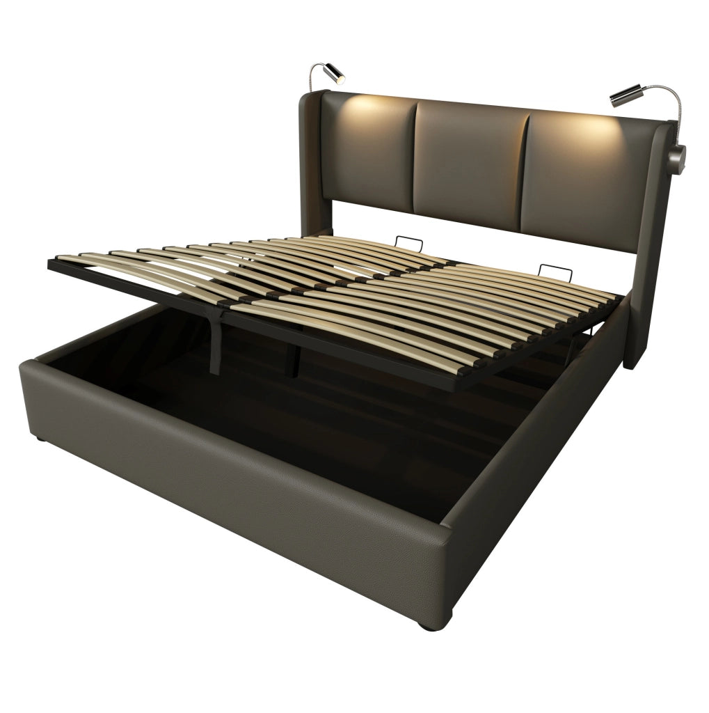 Letto matrimoniale imbottito con contenitore 140x200 cm, struttura grigia in PU, testiera con luce da lettura e funzione di ricarica USB, con rete a doghe
