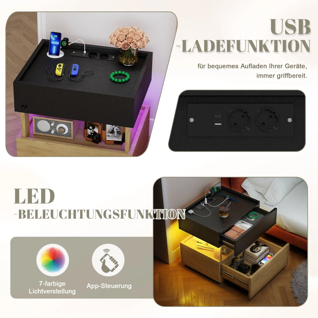 Comodino con ricarica wireless, LED e due cassetti, finitura legno e nero per camera da letto 50 × 40 × 50 cm