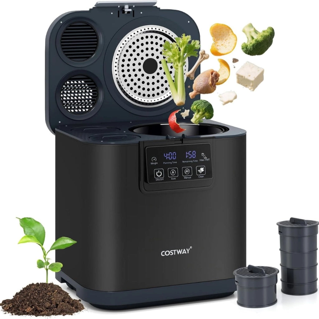 Compostiera da cucina elettrica da 4 L con coperchio auto-pulente, Macchina intelligente per trasformare rifiuti alimentari in fertilizzante secco Nero