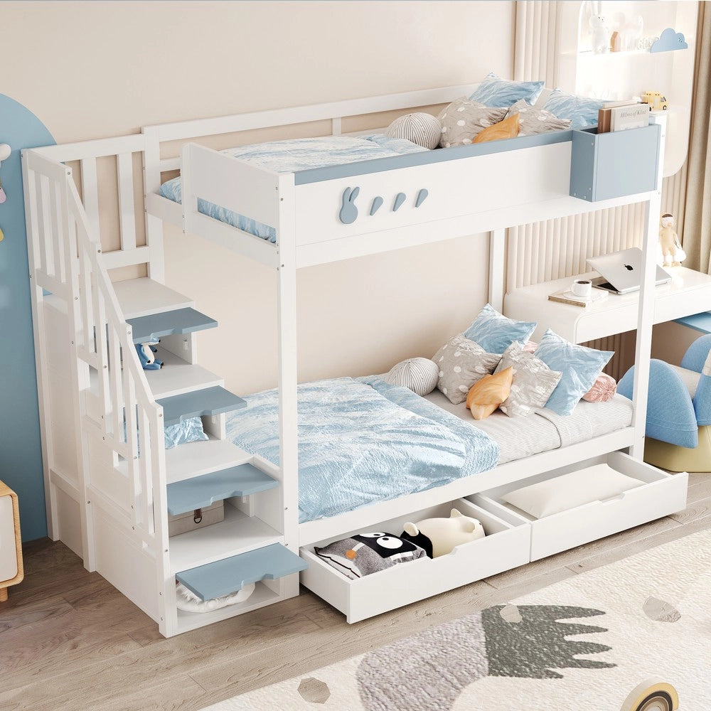 Letto a Castello Bambini con Cassetti e Doghe ¨C MINIMAL ¨C Bianco e Blu 90x200