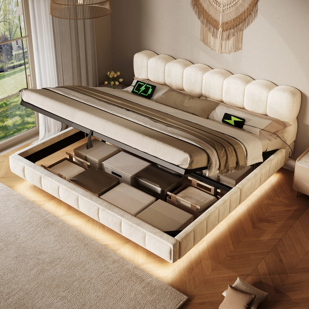 Letto contenitore imbottito 160x200 cm; design sospeso effetto nuvola; sollevamento idraulico; LED; USB/Type-C; ciniglia; beige