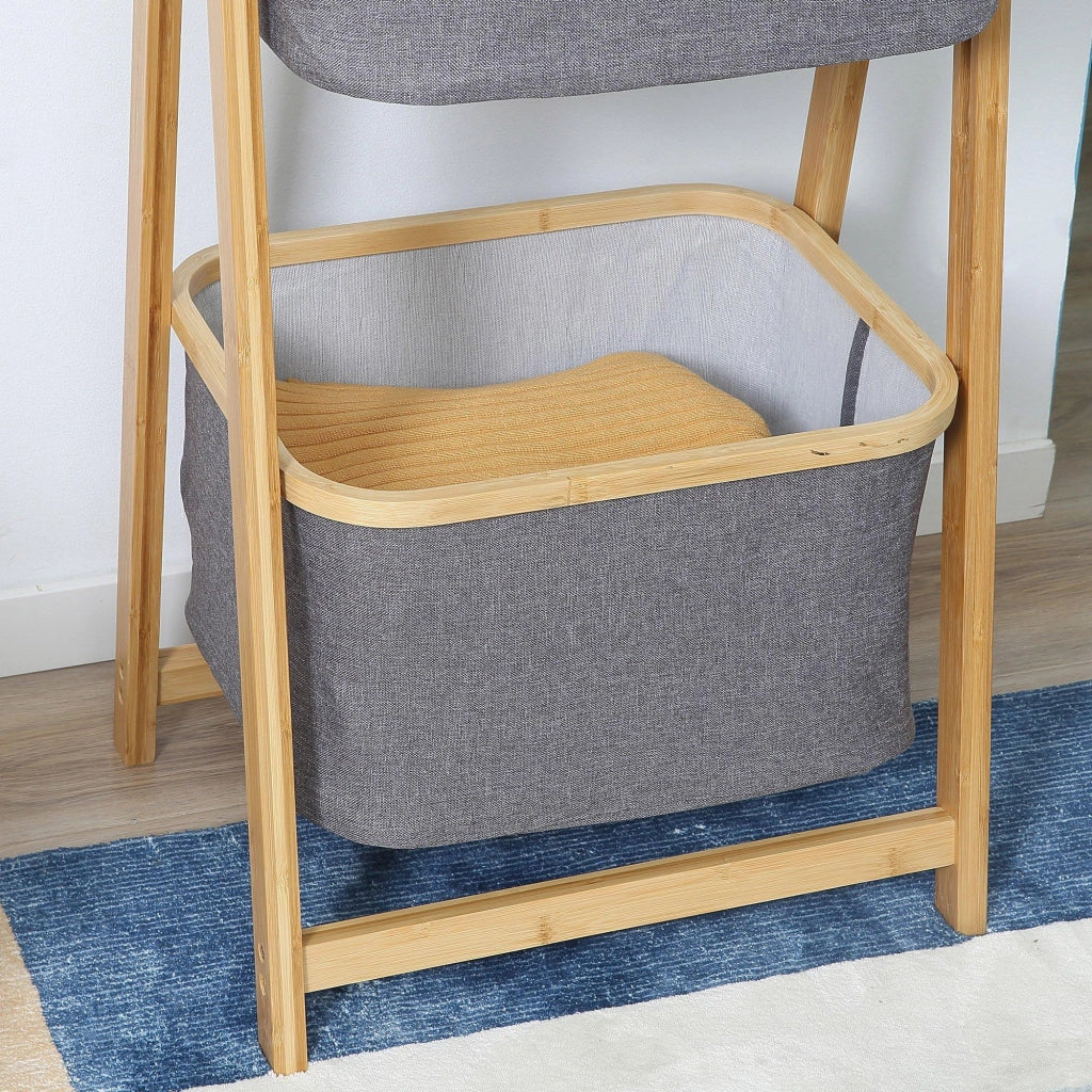 2 Cestini in Tessuto con Supporto Pieghevole 45x35x98 cm in Bambù Grigio