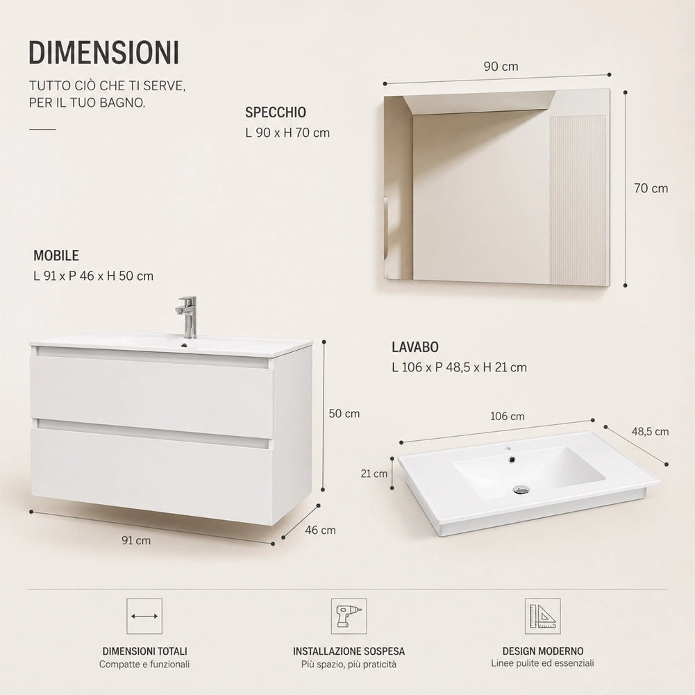 Mobile da Bagno Sospeso con Specchio e 2 Cassetti Otranto Larghezza 90cm Bianco