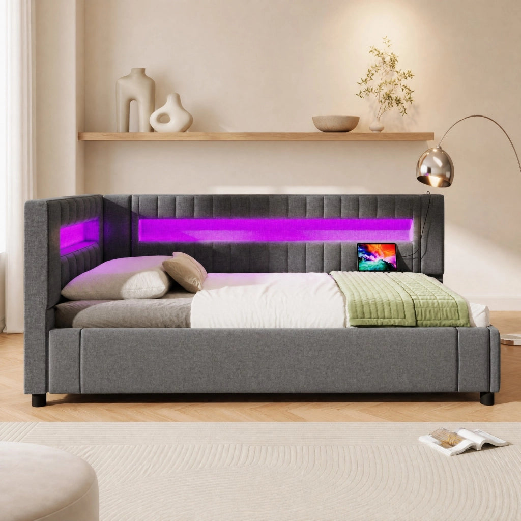 Letto daybed 90x200 cm in lino grigio con LED, contenitore idraulico, USB e Type-C