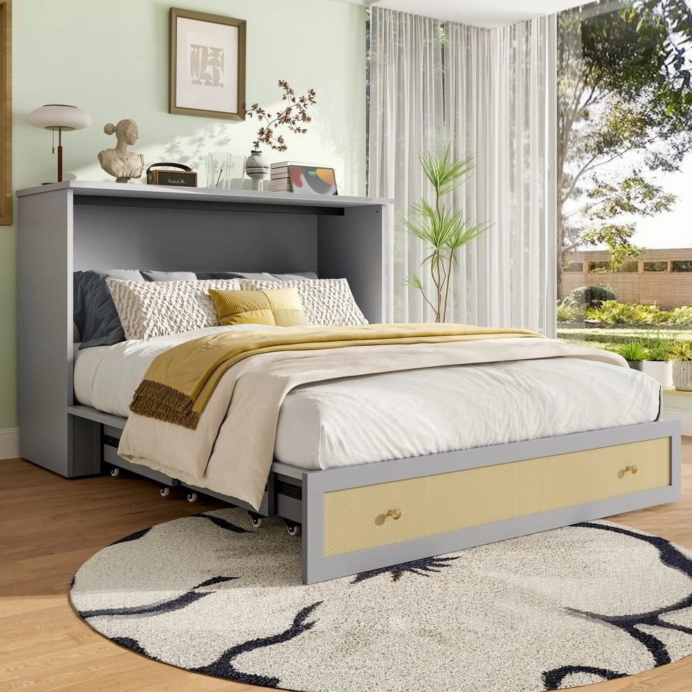 Letto a Scomparsa con Cassetti, Ripiano, USB ¨C MINIMAL ¨C Grigio 140x200