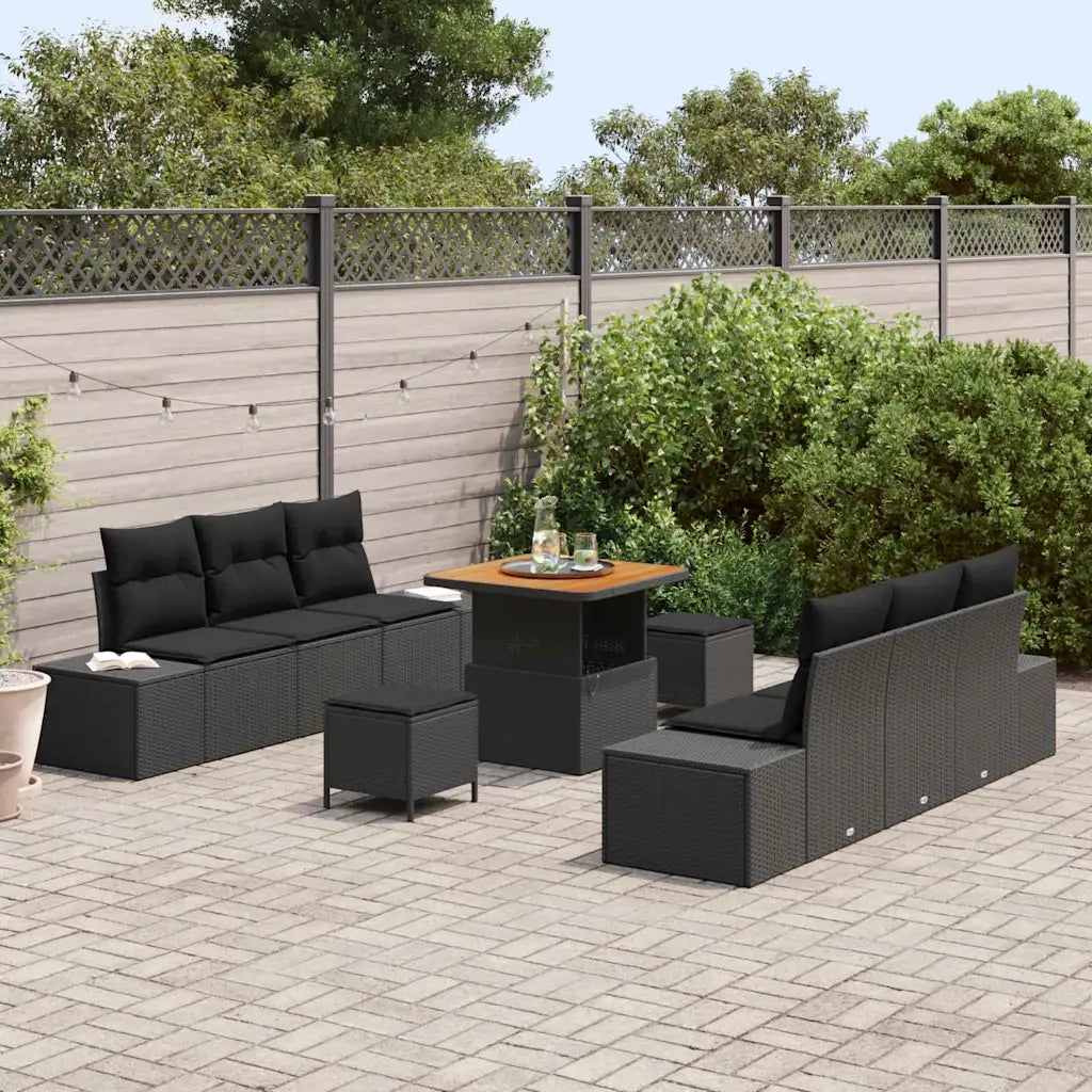 Set Divano da Giardino con cuscino 9 pcs Nero Poly Rattan