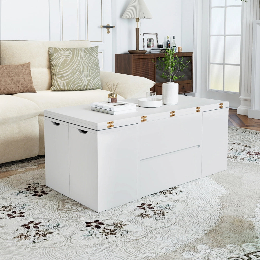 Tavolino caff¨¨ piano sollevabile 4 sgabelli contenitori 3-in-1 soggiorno, Tavolino scomparto nascosto cassetto rettangolare 4-8 persone Bianco