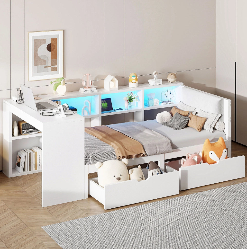 Letto a piattaforma in legno 90x200 cm con testiera imbottita, cassetti, ripiani, stazione di ricarica e luci LED colorate, bianco