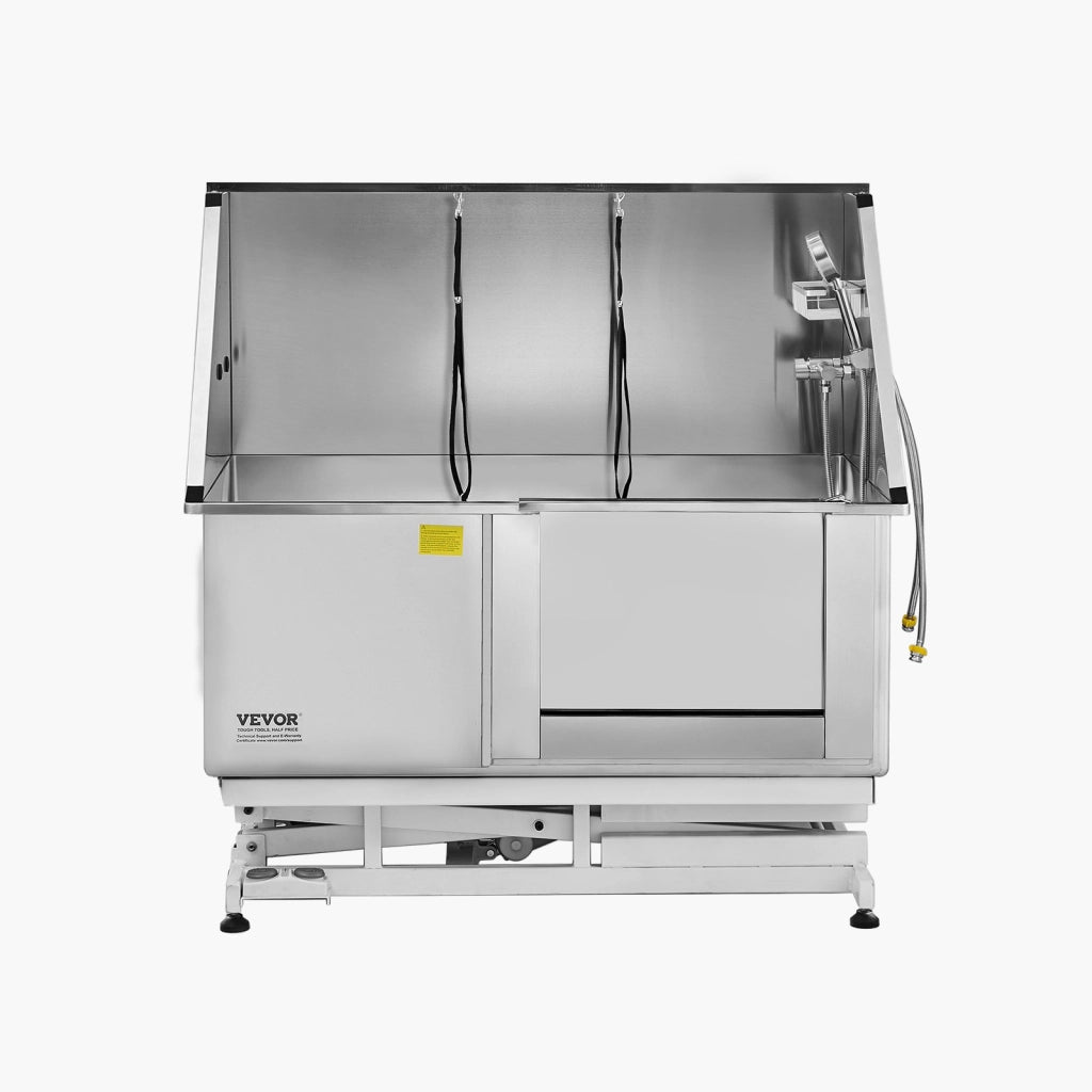 K1E01028 Vasca per toelettatura cani con sollevamento elettrico in acciaio inox argento 127 cm, stazione lavaggio regolabile con porta destra