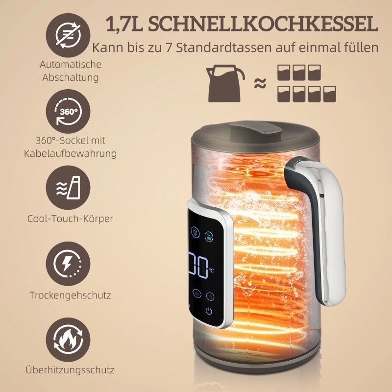 Set Bollitore e Tostapane, 1,7 L, 2 Fette, Touchscreen LED, Vari Modi, Nero