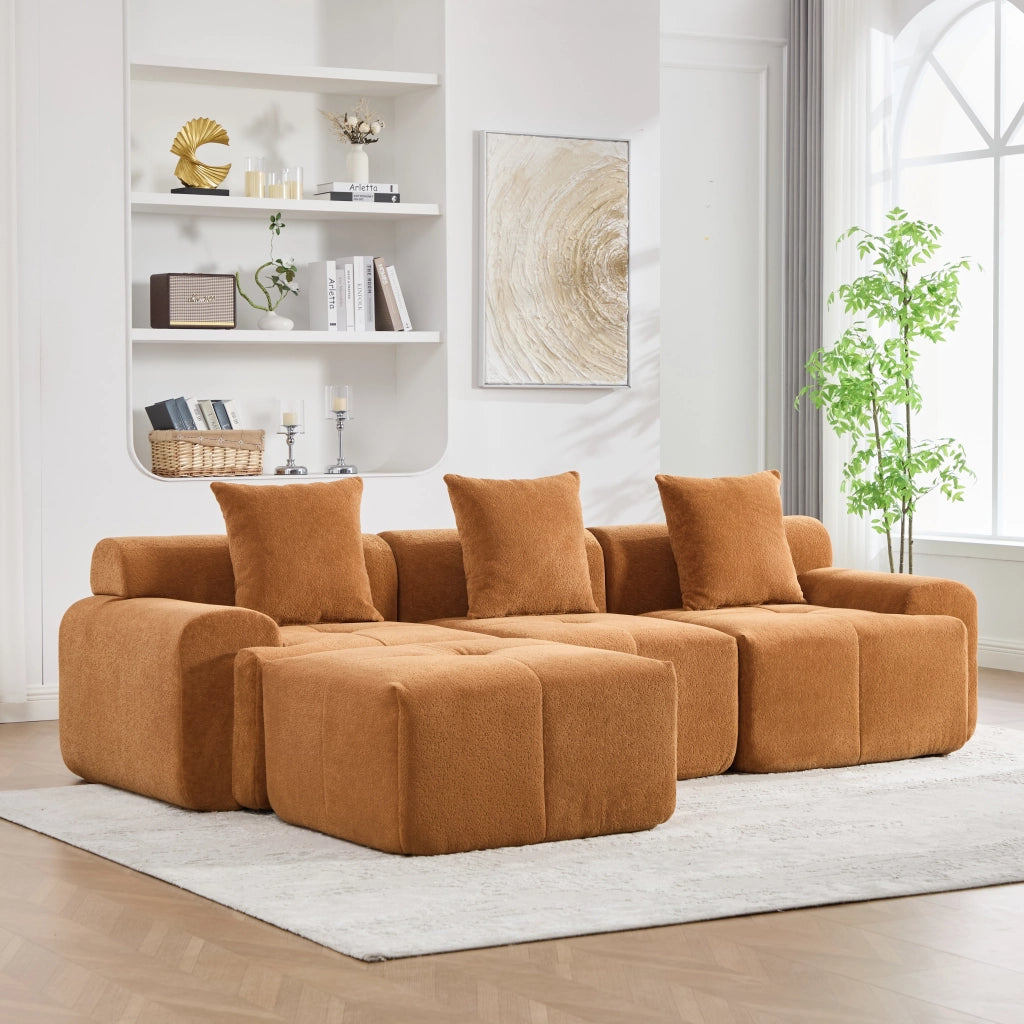 Divano angolare arancione modulare 3 posti in tessuto; 268x102x78 cm
