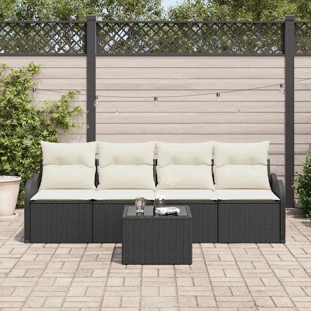 Set Divano da Giardino 5 pcs Nero e Crema polyrattan