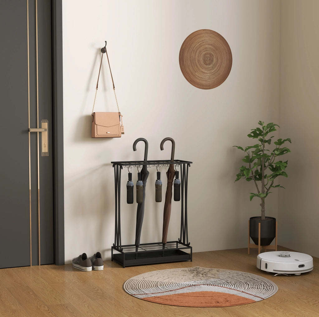 Portaombrelli in acciaio con 24 ganci e 21 fori, base rettangolare 50x24x68 cm, con vaschetta raccogli acqua rimovibile, nero