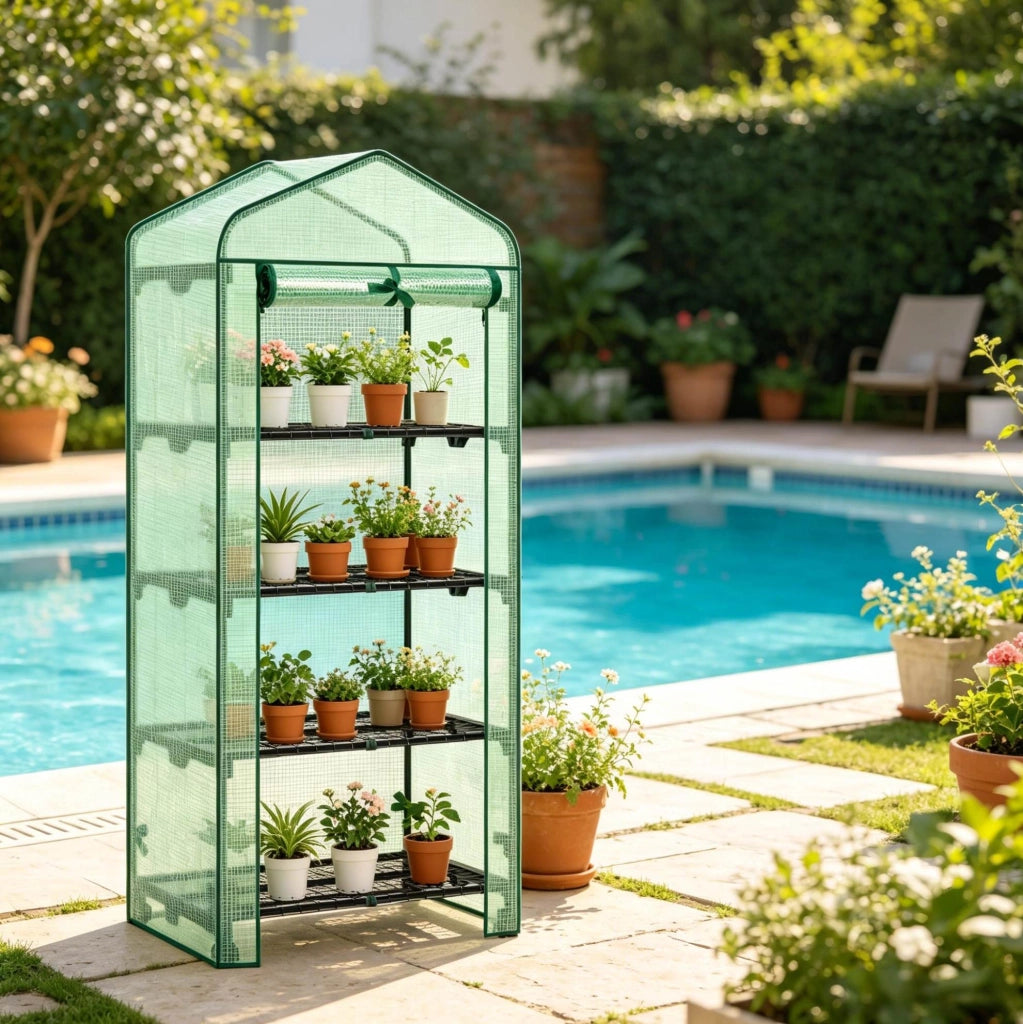 Serra da Giardino con Ruote per Pomodori, 70x50x163 cm, Telo in PE Rinforzato Verde con Mensole e Porta Avvolgibile