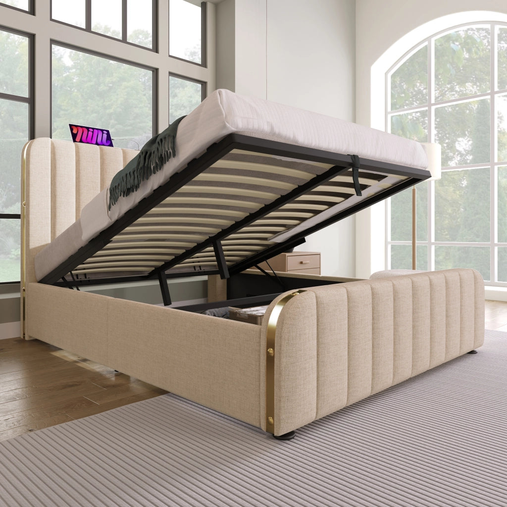 Letto Contenitore Matrimoniale 160x200 cm; USB e Type-C; in Lino Beige