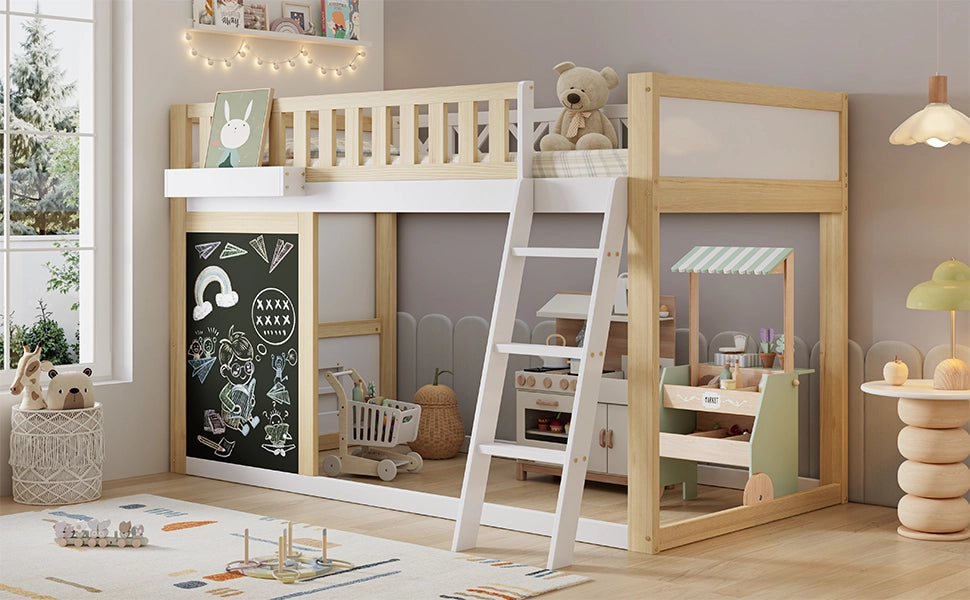 Letto alto per bambini, 90x200 cm, con lavagnetta, scatola contenitore, sponde di sicurezza, contenitore sotto il letto, pino + MDF, Bianco + Naturale
