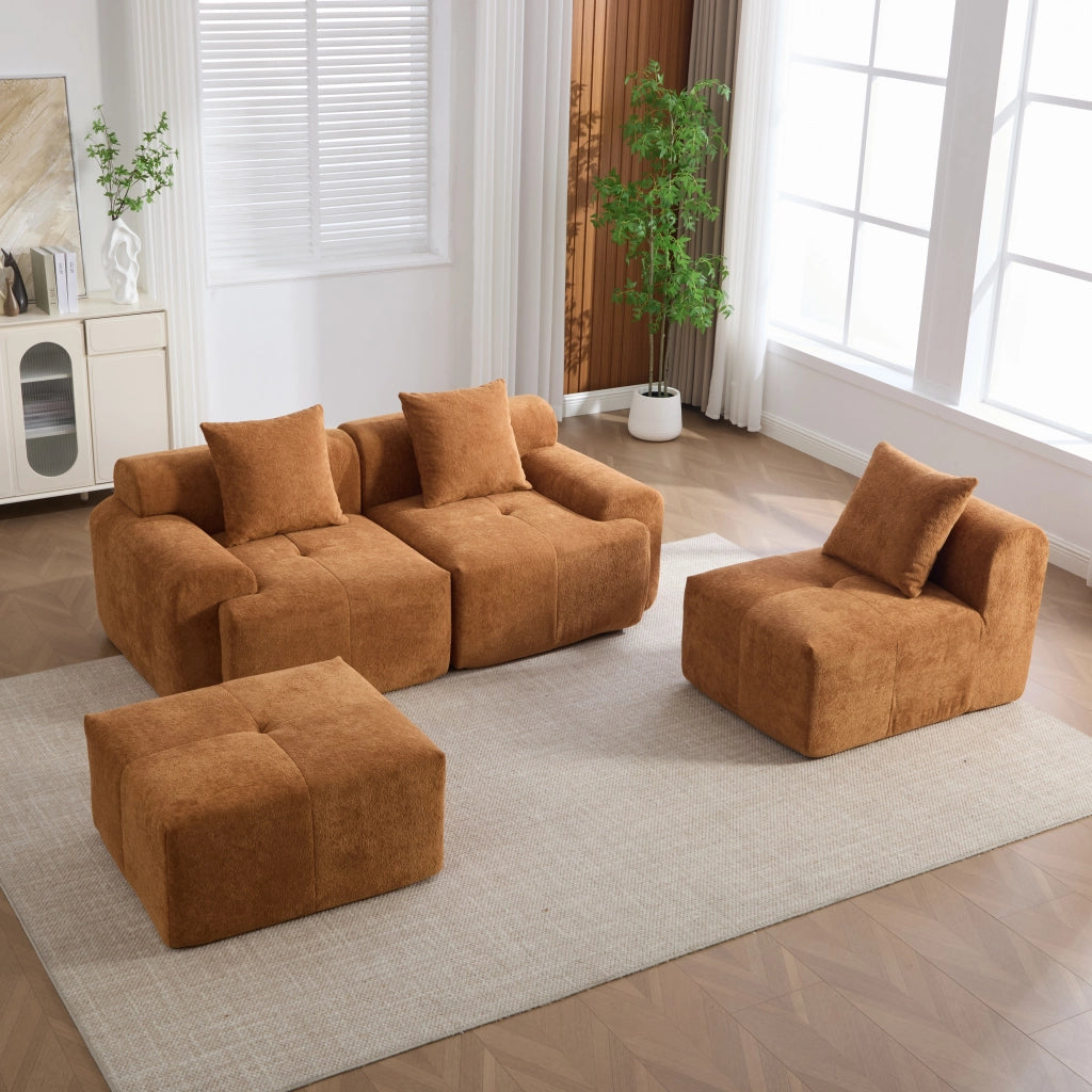 Divano angolare arancione modulare 3 posti in tessuto; 268x102x78 cm