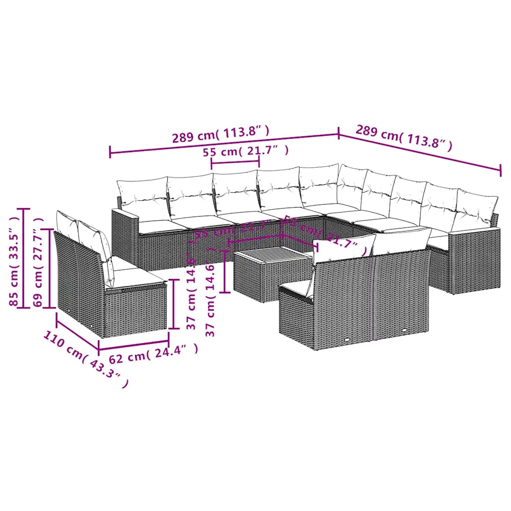 Set Divani da Giardino 14 pz con Cuscini Nero in Polyrattan 3226491