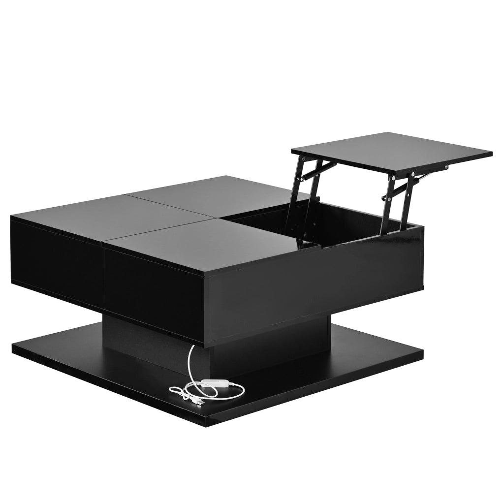 Tavolino da salotto 72x72 cm con piano elevabile, LED App e cassetti nero