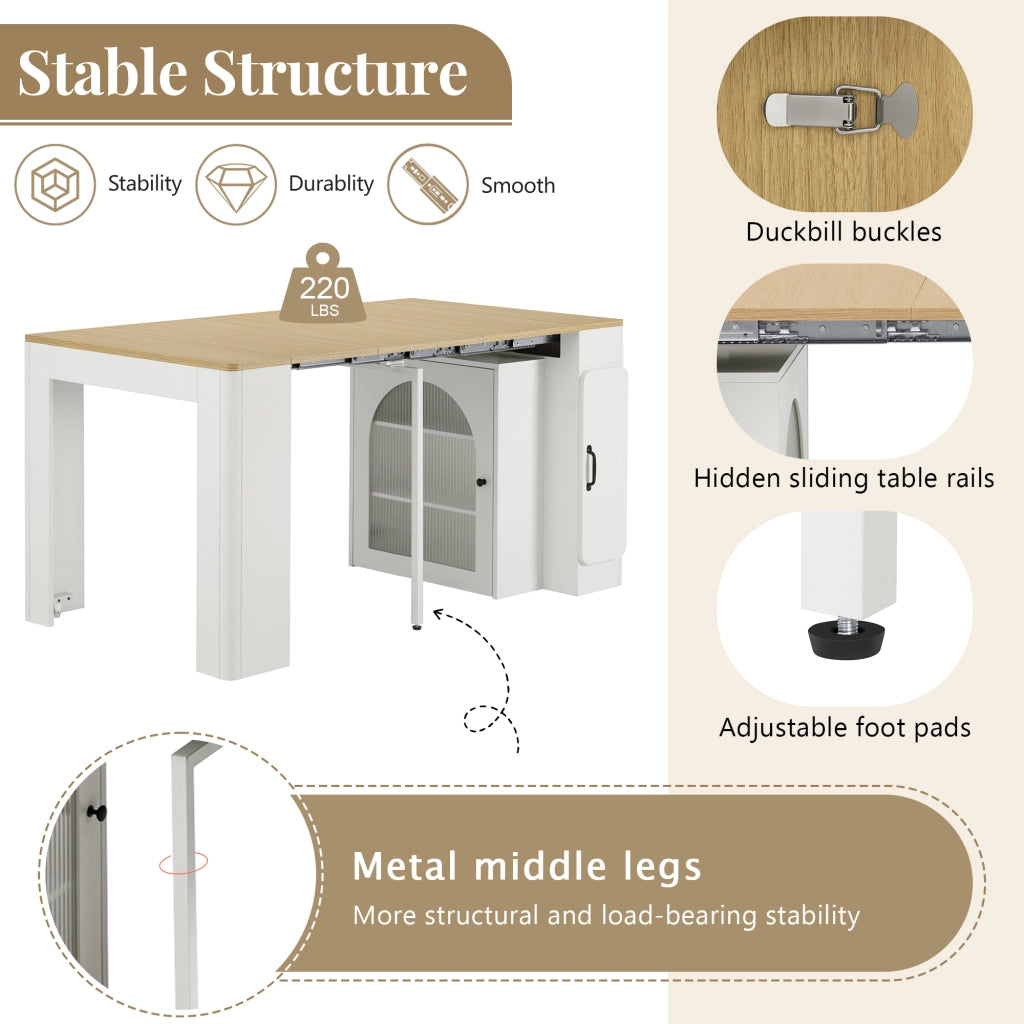 Tavolo allungabile con tre piani; ruote nascoste; prese USB e Type-C; MDF; naturale e bianco