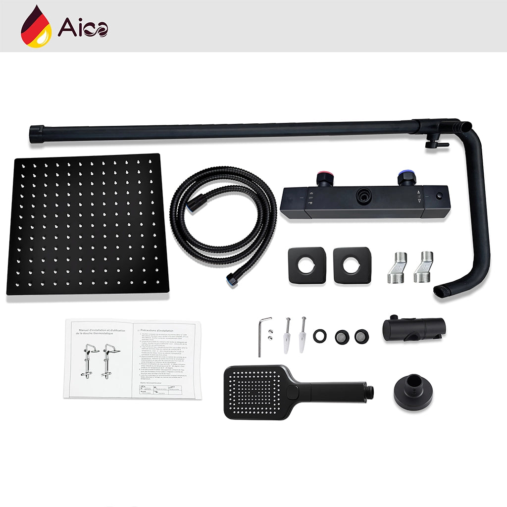 AICA Colonna doccia con miscelatore termostatico, rubinetto doccia 28x4cm, soffione doccia quadrato 30x30cm in acciaio inox nero