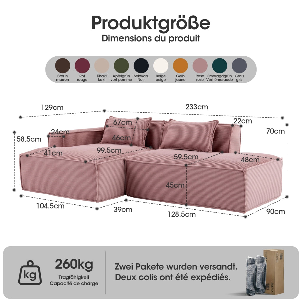 Divano compatto 235 cm a 2 posti rosa baby in poliestere con cuscini a molle insacchettate