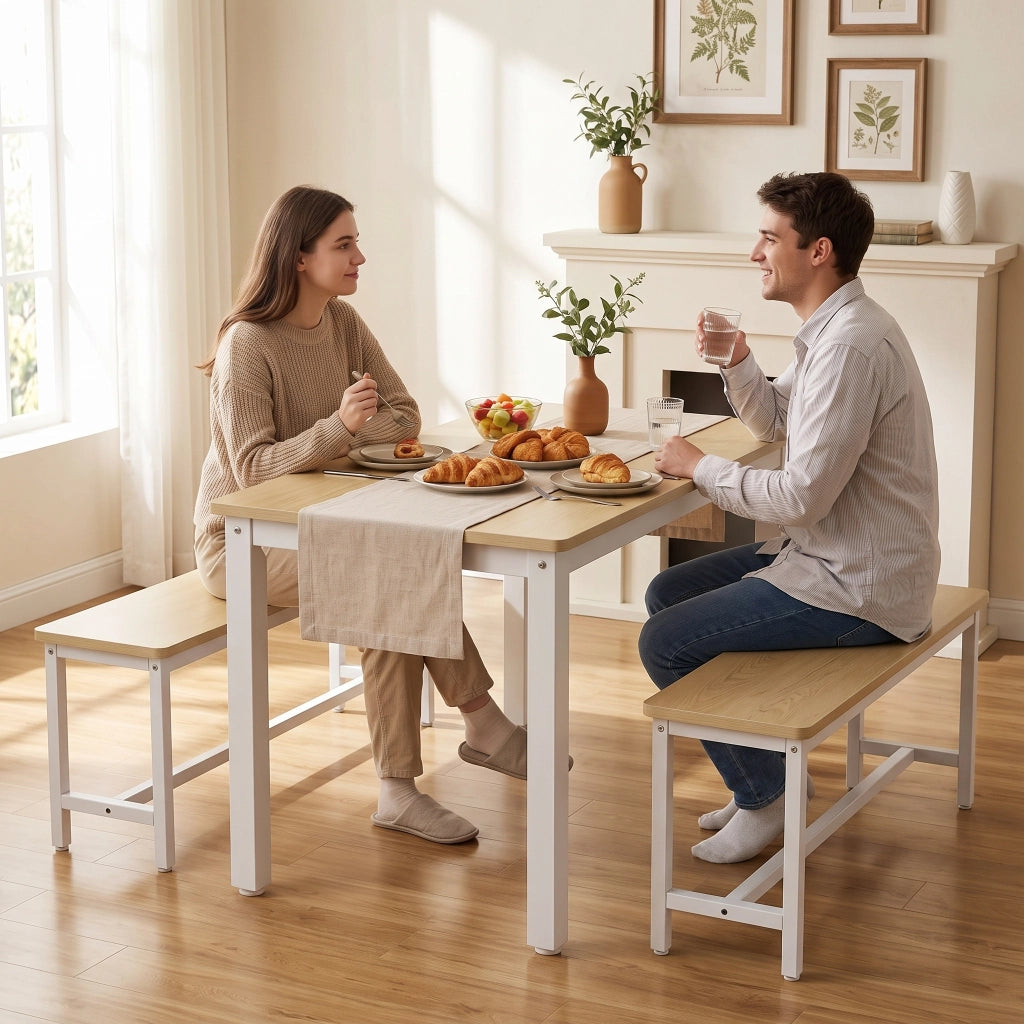 Set da pranzo quadrato a 3 pezzi; Tavolo da Pranzo con 2 Panca; Set Mobili da Cucina Salvaspazio con 4 Posti