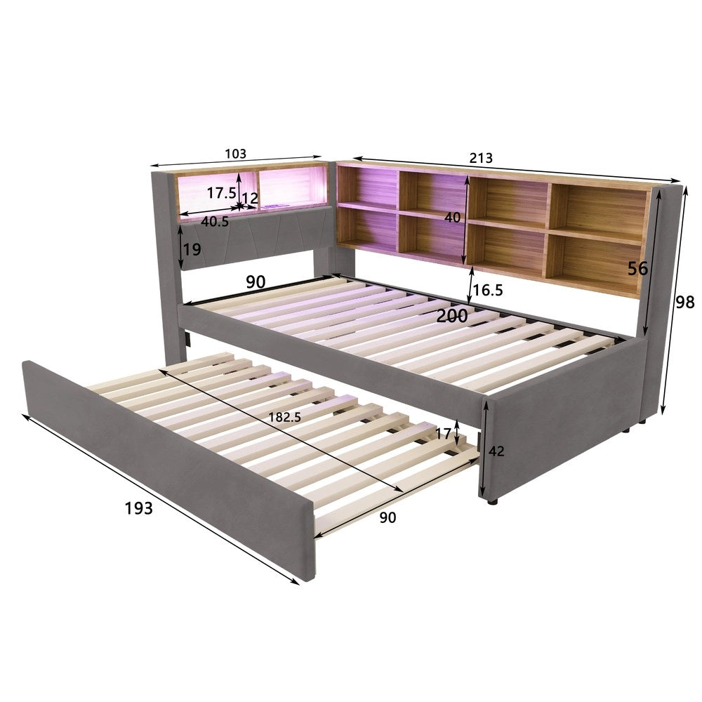 Letto Singolo Imbottito con LED e Prese ¨C MINIMAL ¨C Flanella, Grigio Scuro, 90x200