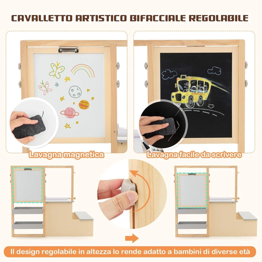 Set 3 in 1 Tavolo e Sedie per Bambini 3+ Anni, Tavolo in Legno Sicuro con Lavagna Cancellabile, Magnetica, Cavalletto Regolabile, Libreria e Accessori Artistici, per Disegno (Grigio)