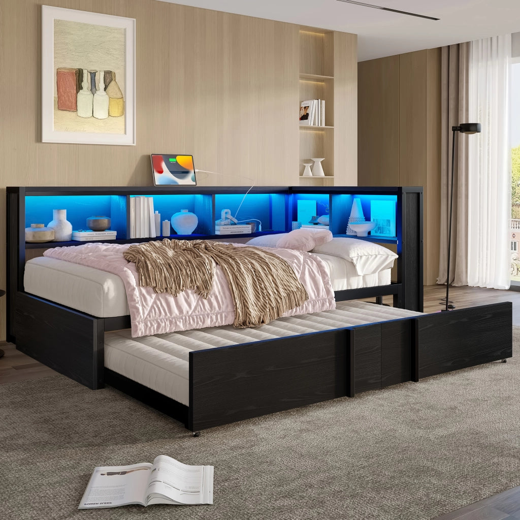 Letto Singolo con Estraibile, Contenitore, LED e USB ¨C MINIMAL ¨C Metallo Nero 90x200