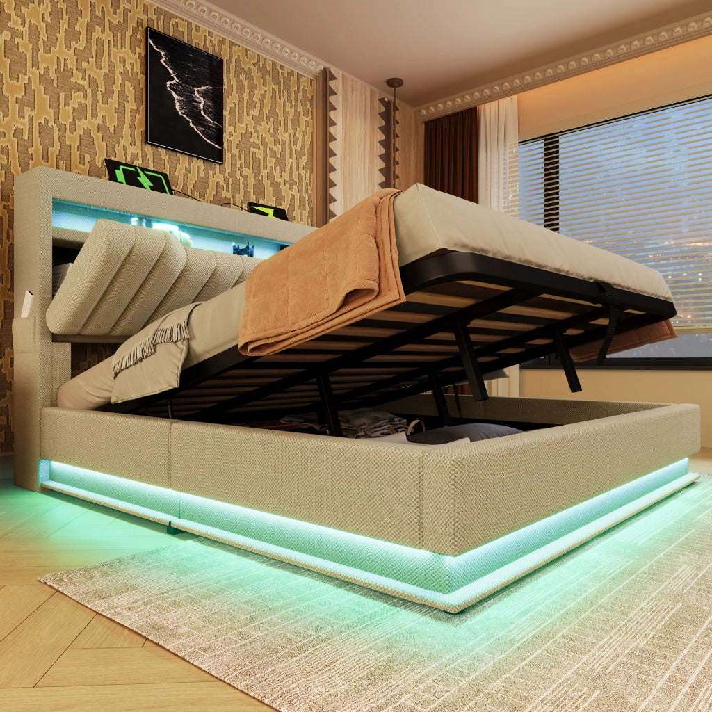 Letto matrimoniale contenitore 180 × 200 cm in lino beige con LED USB Type-C e testiera con ripiani
