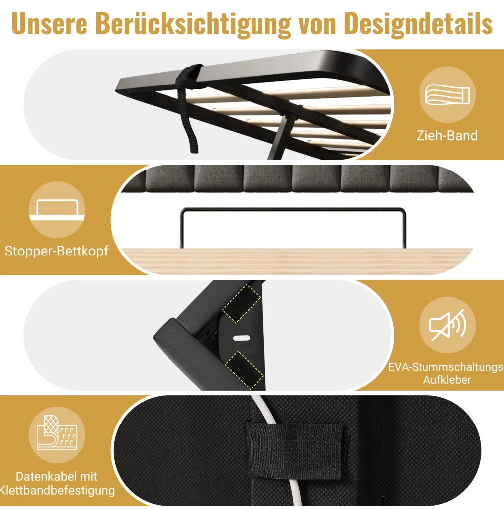 Letto contenitore 140 × 190 cm con LED; USB e USB-C; lino grigio