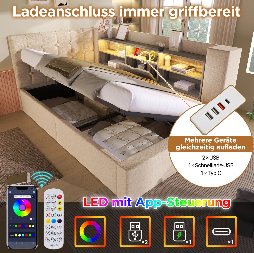 Letto singolo 90x200 cm con LED, ricarica USB e contenitore