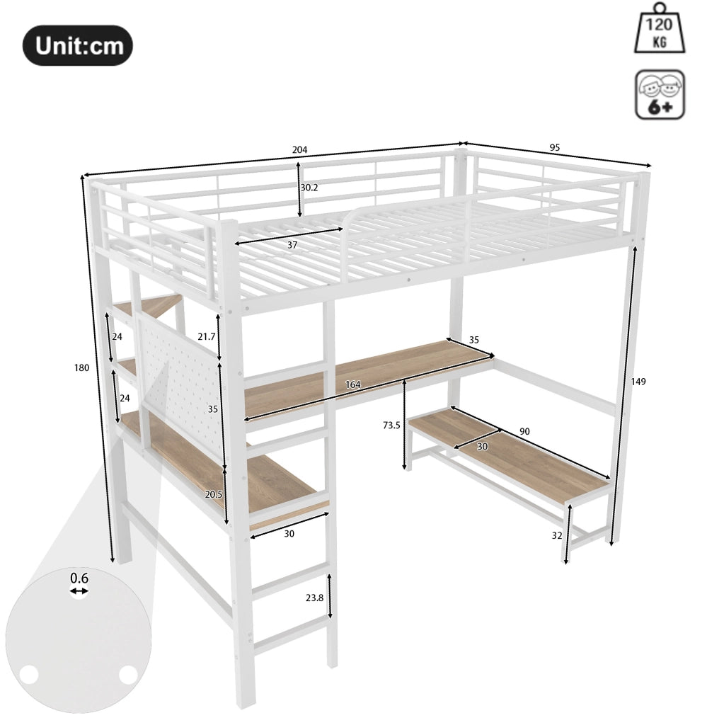 Letto a soppalco 90 x 200 cm con scrivania, LED, presa USB e Tipo-C bianco