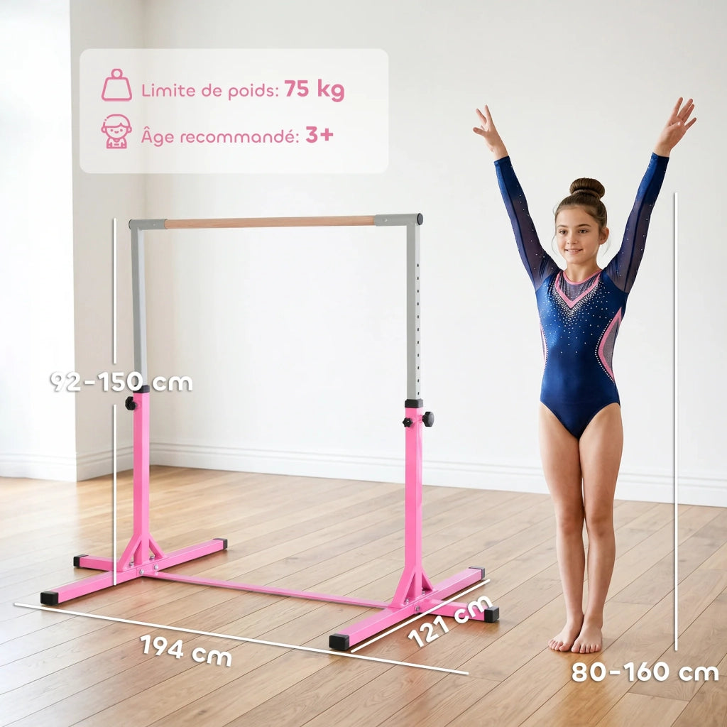 Sbarra fissa da ginnastica per bambini regolabile 13 livelli 194 x 121 x 92-150 cm antiscivolo stabile contemporanea in acciaio rosa 21_0006777