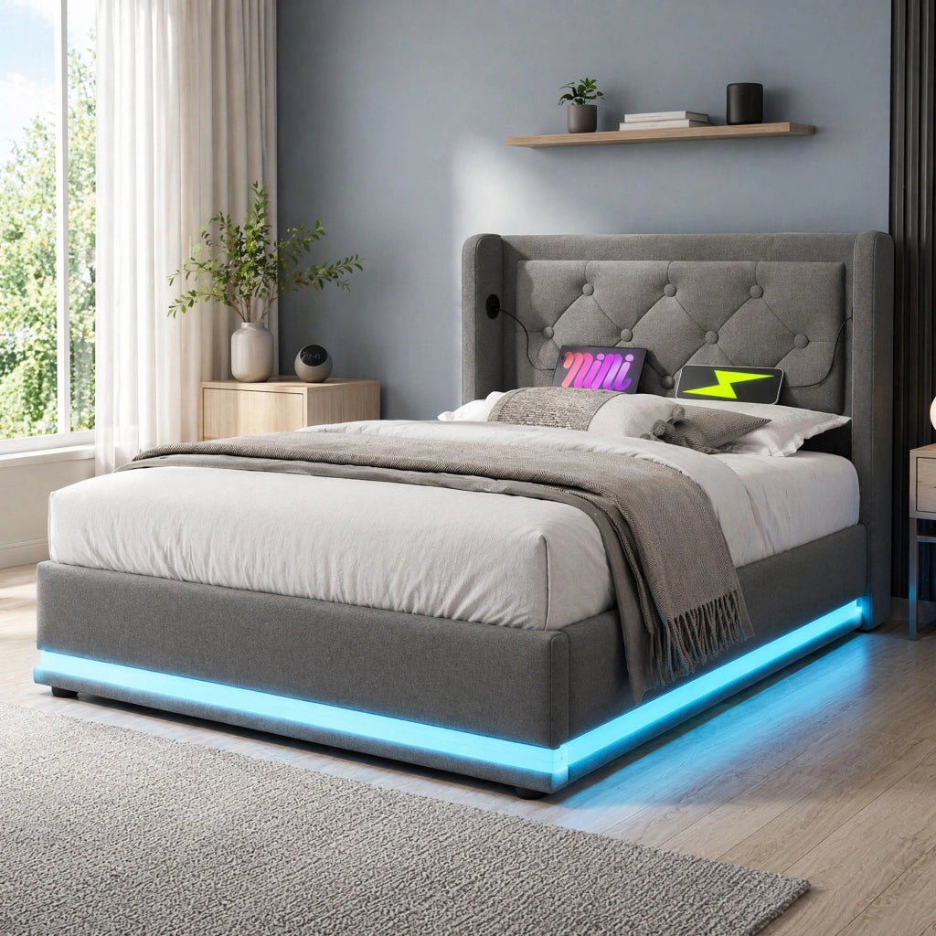 Letto singolo contenitore 90x200 cm grigio con LED e USB-C