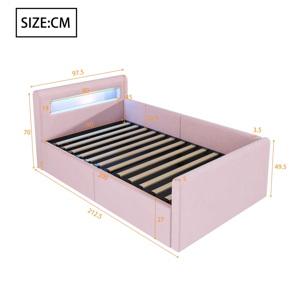 Letto singolo imbottito per bambini 90 × 200 cm con LED USB vano idraulico velluto rosa e rete a doghe