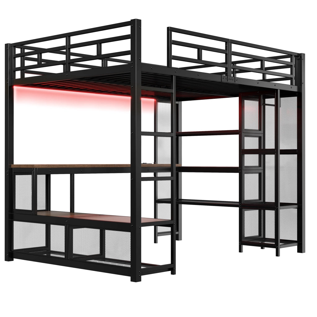 Letto a soppalco 140x200 in metallo nero con scrivania e luci LED