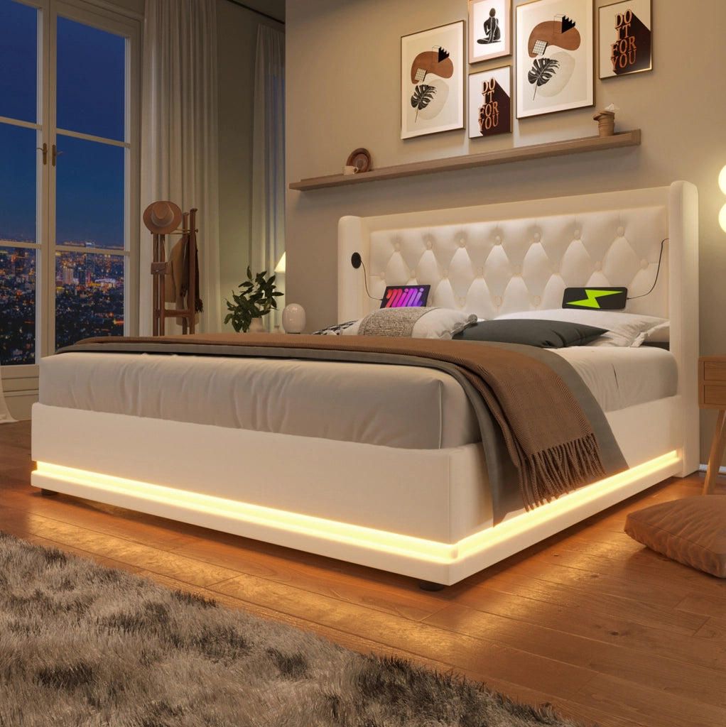 Letto matrimoniale imbottito 140x200 cm con contenitore, USB Type-C e LED